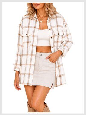 Billabong Flannel Shirt Cream Brown Plaid Oversized Button Down M